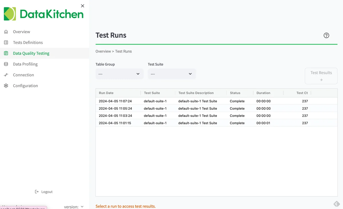 TestGen data quality testing page