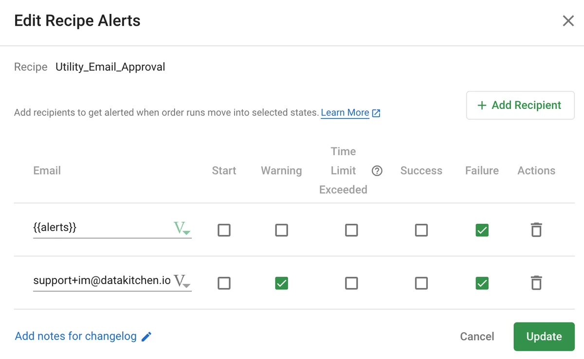 (Screenshot of recipe alert setup dialog)