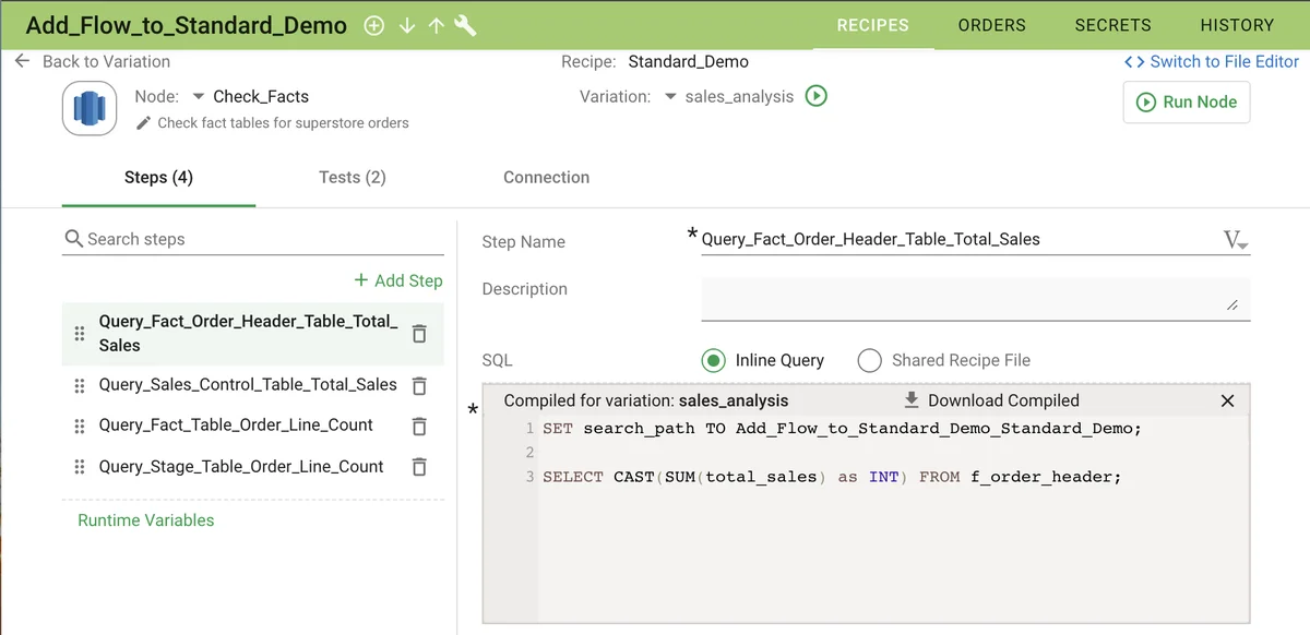 (Node editor Steps tab with compiled script)