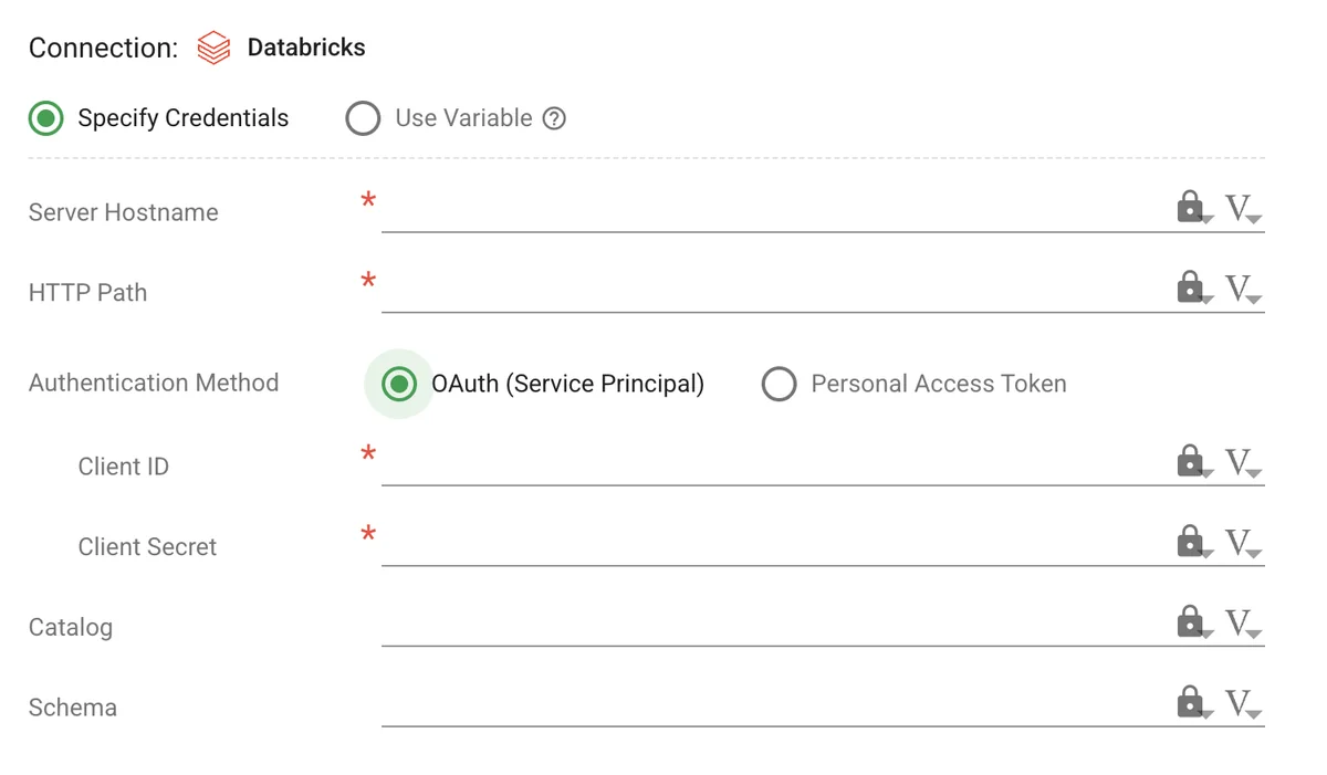 (Screenshot of the Databricks connection setup in the UI)