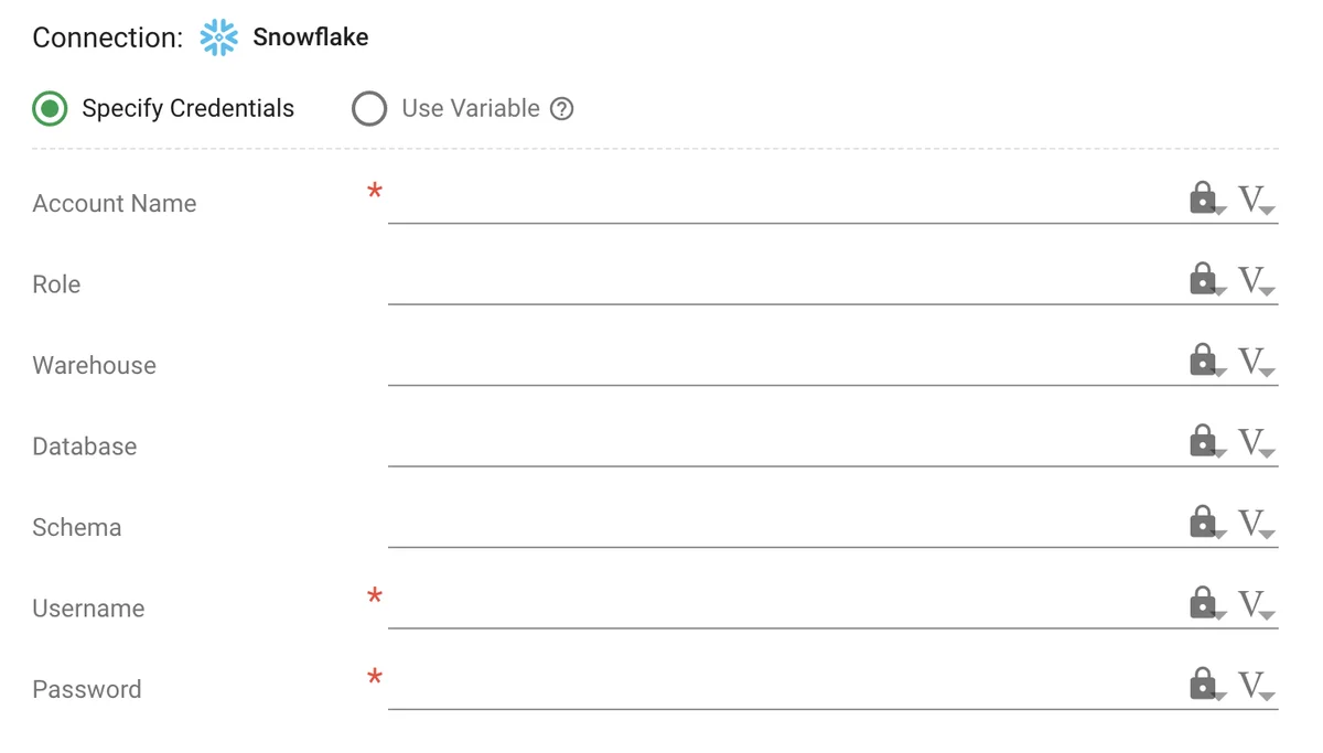 (Screenshot of the Snowflake connection setup in the UI)