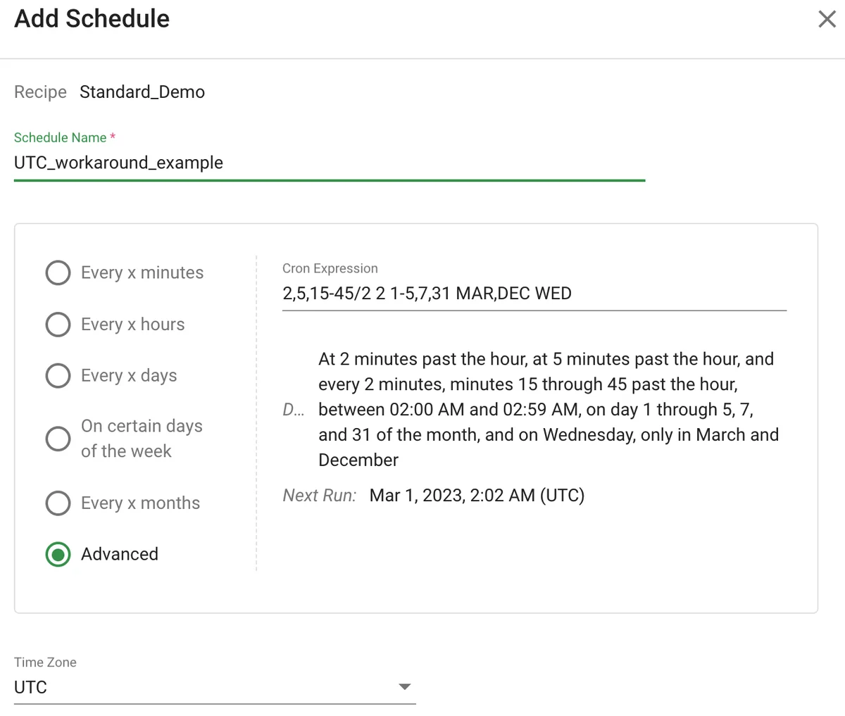 (Screenshot of the schedule form with UTC workaround)