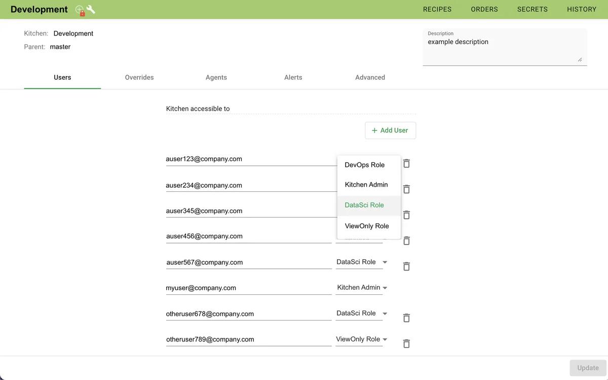 (Screenshot of Configure Kitchens page with kitchen roles activated)