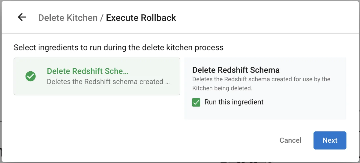 (Screenshot of delete kitchen execute rollback)