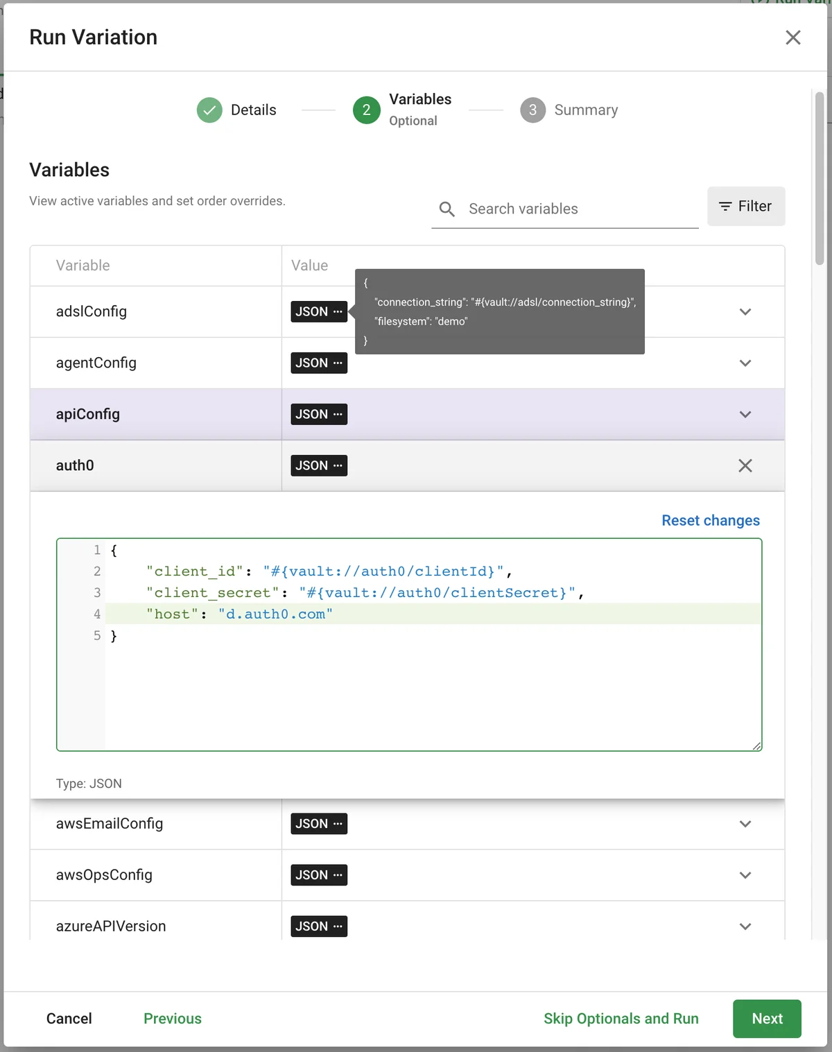 (Screenshot of Variables step)