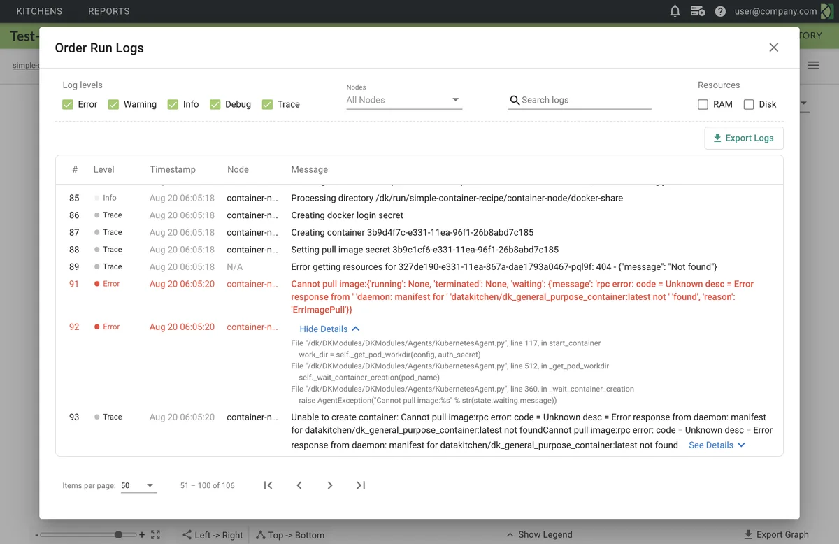 (Screenshot of the Order Run Logs)