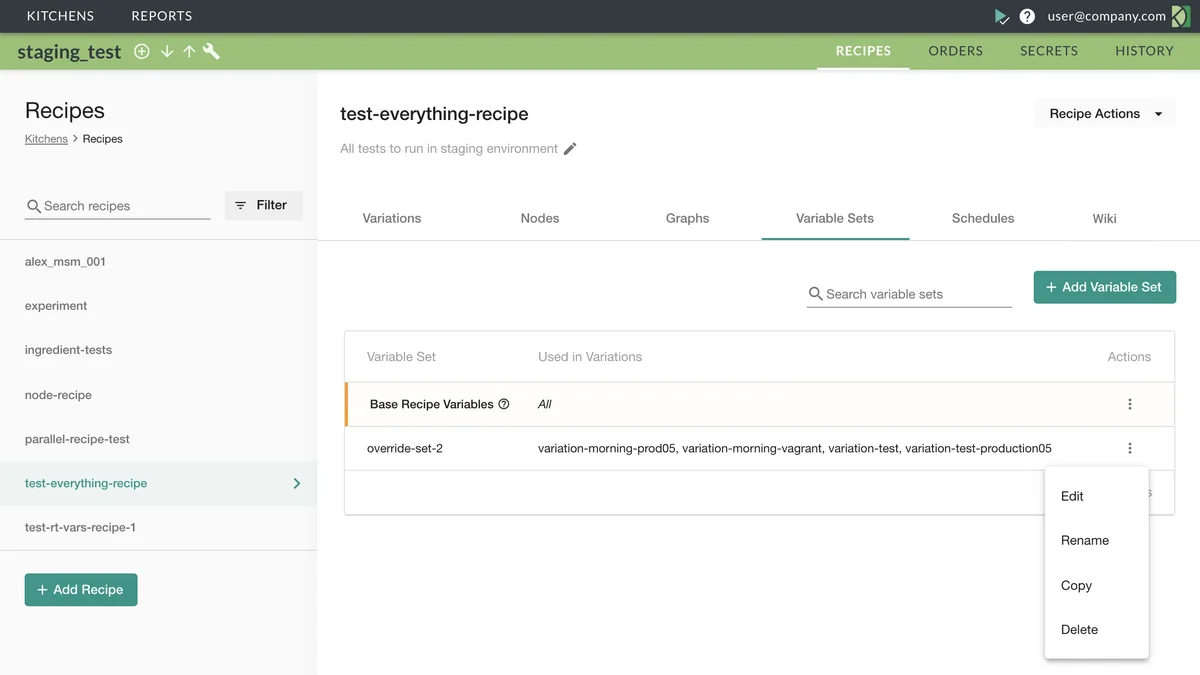 (Screenshot of the Variable Sets tab)