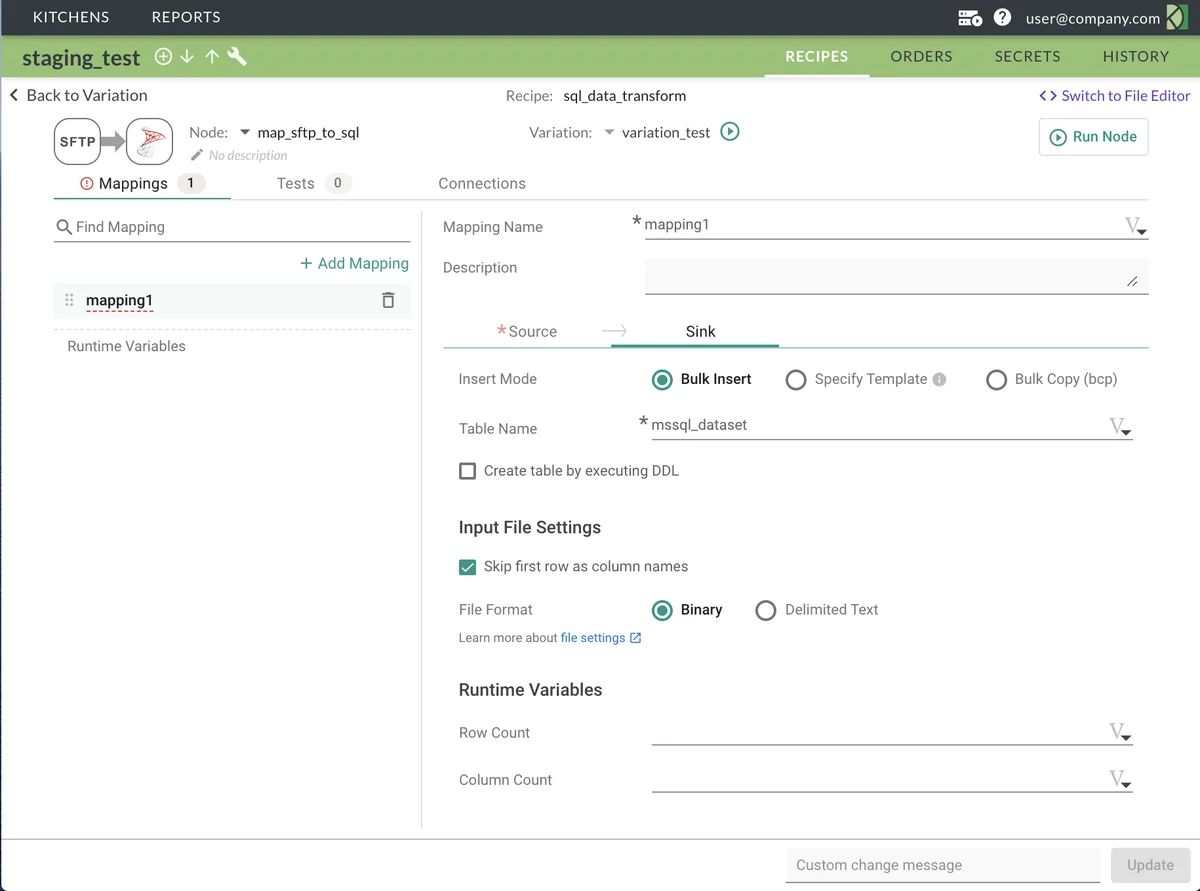 (Screenshot of the Mappings tab for a sink input file config)