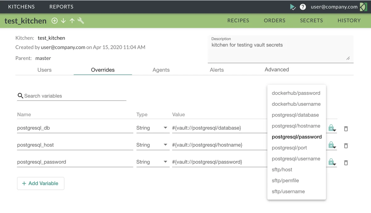 (Screenshot of the Overrides tab with secrets)