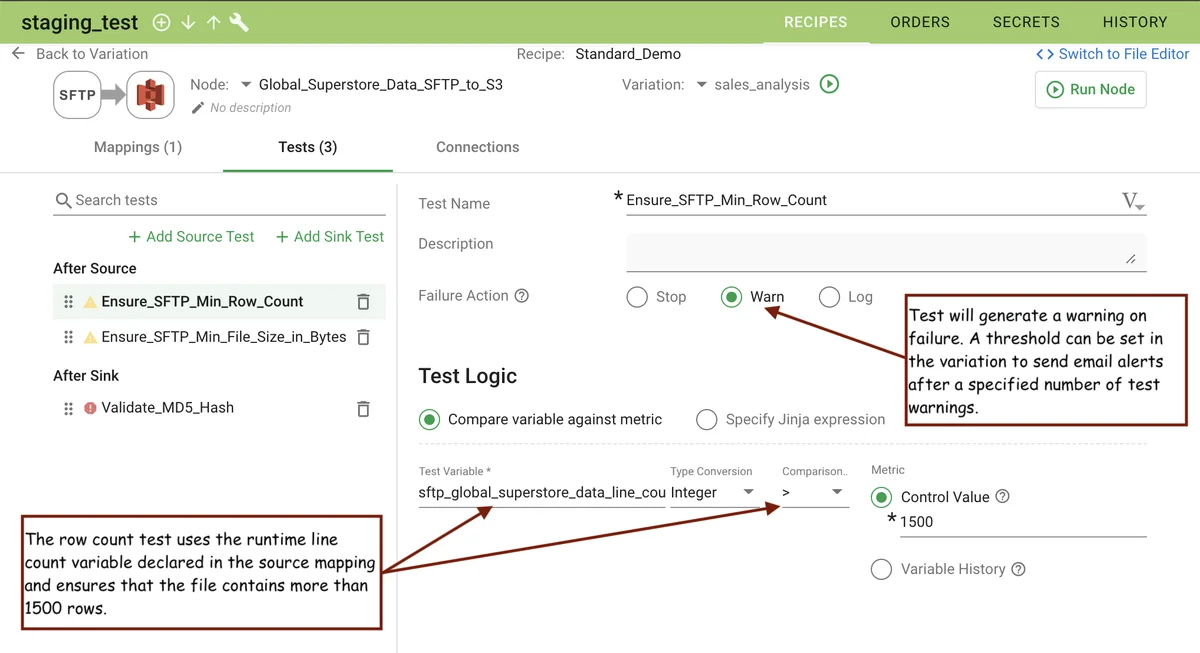 (Screenshot of the tests tab during row count test creation)