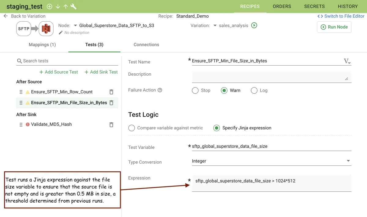 (Screenshot of
the tests tab during file size test creation)