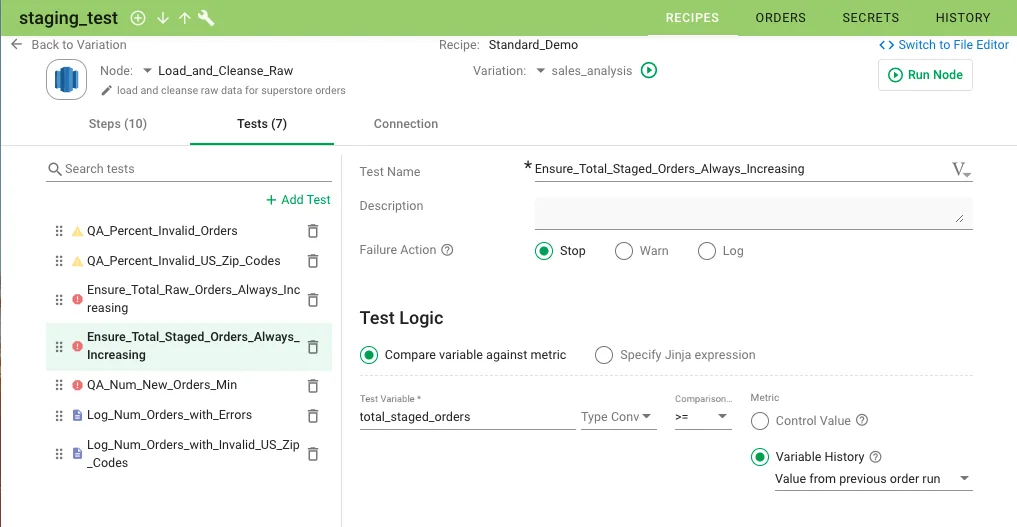 (Screenshot of the node editor tests tab)