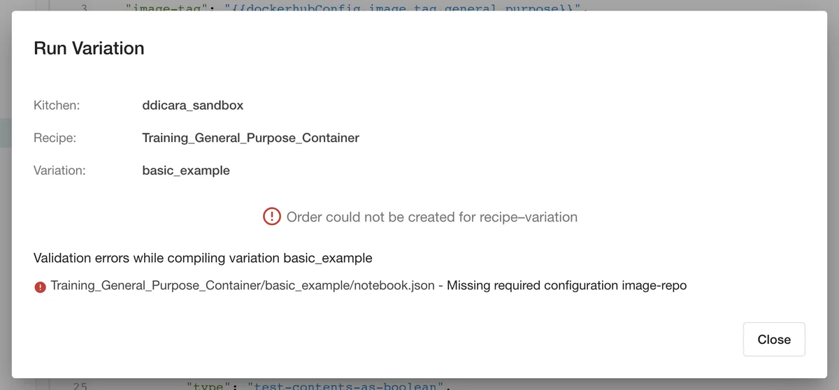 (Screenshot of error in
Run Variation dialog)
