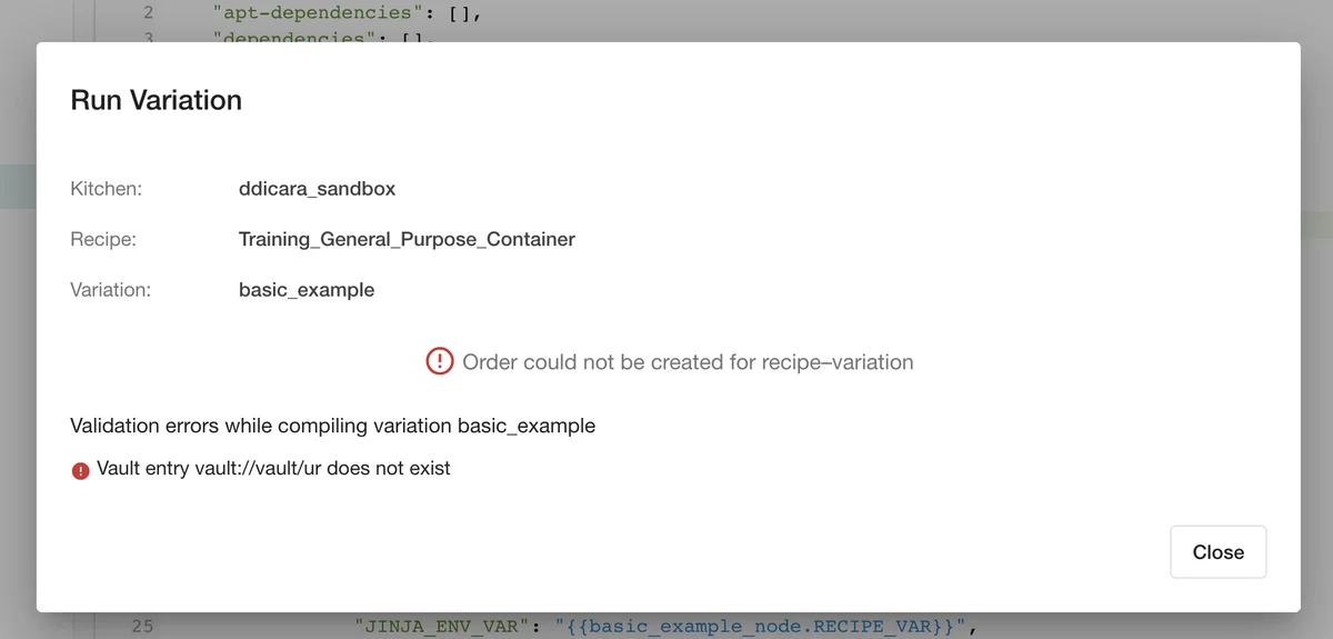 (Screenshot of error in
Run Variation dialog)