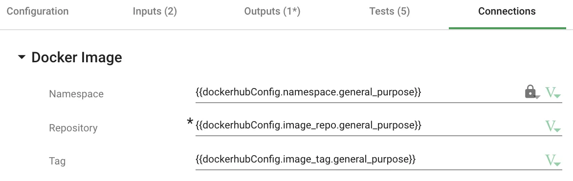 Connections tab — container image variables