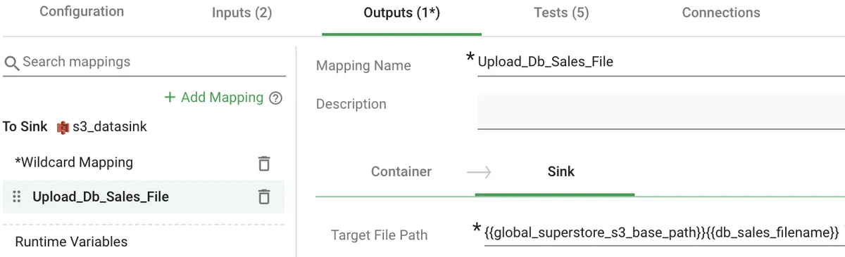 Outputs tab — container outputs