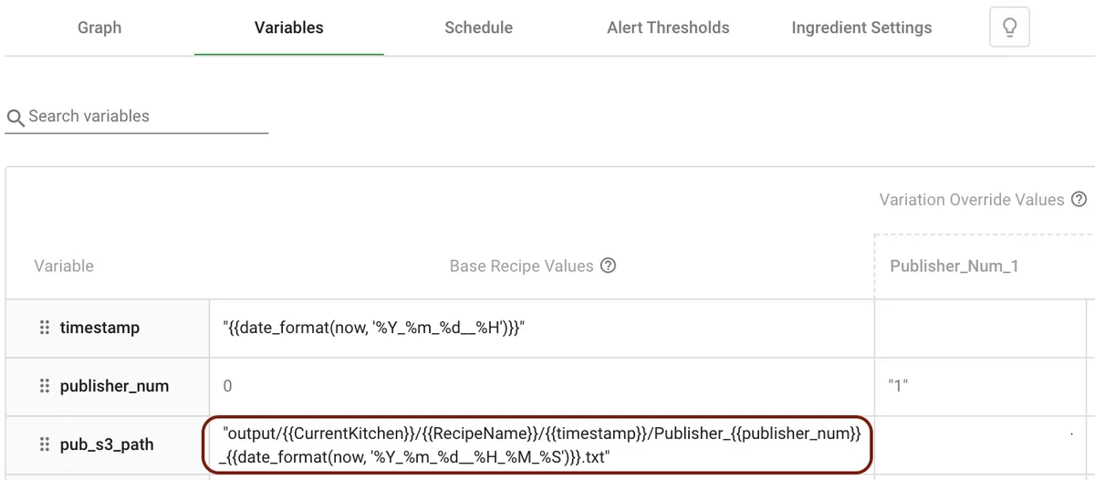 Variables tab — built-in functions