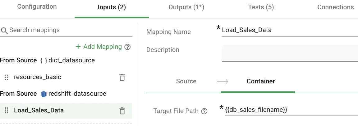 Inputs tab — container inputs