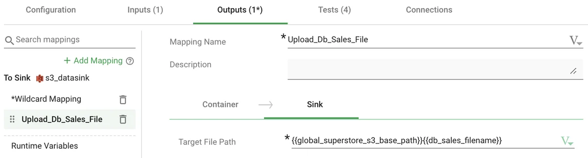 Outputs tab — sink mapping
