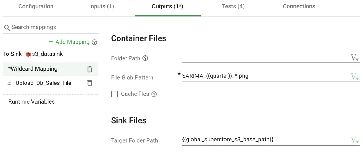 Outputs tab — wildcard mapping