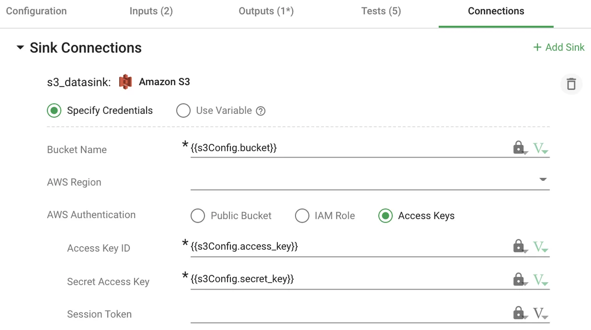 Connections tab — data source/sink credentials