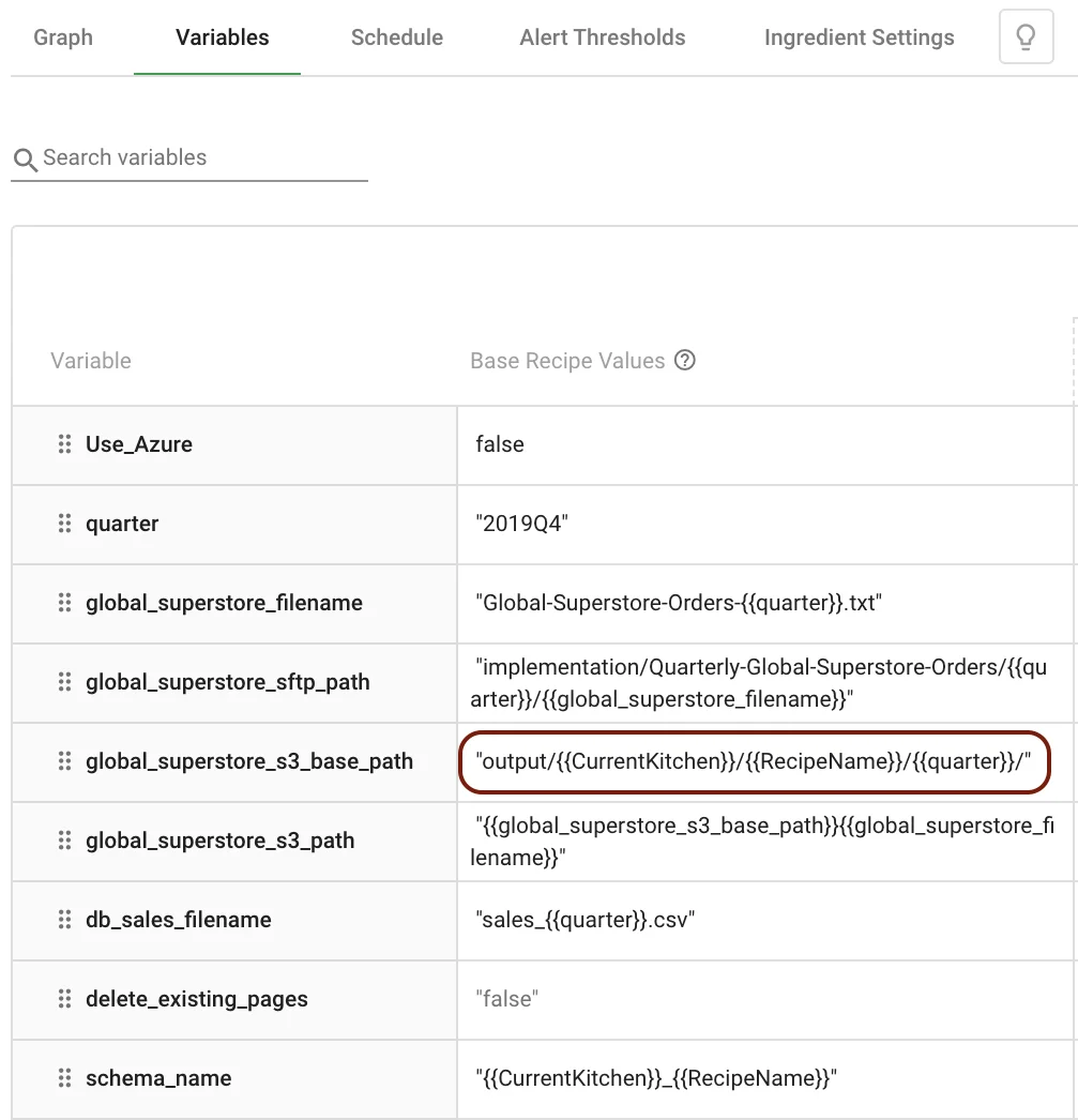 Variables tab — system variables