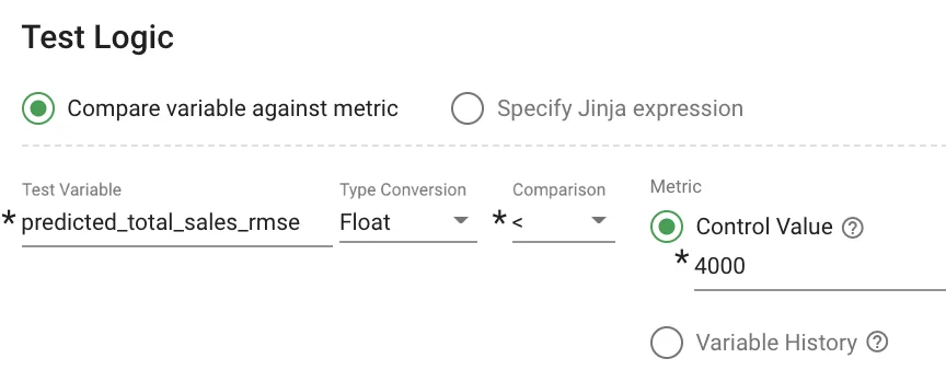 Tests tab — test logic fields