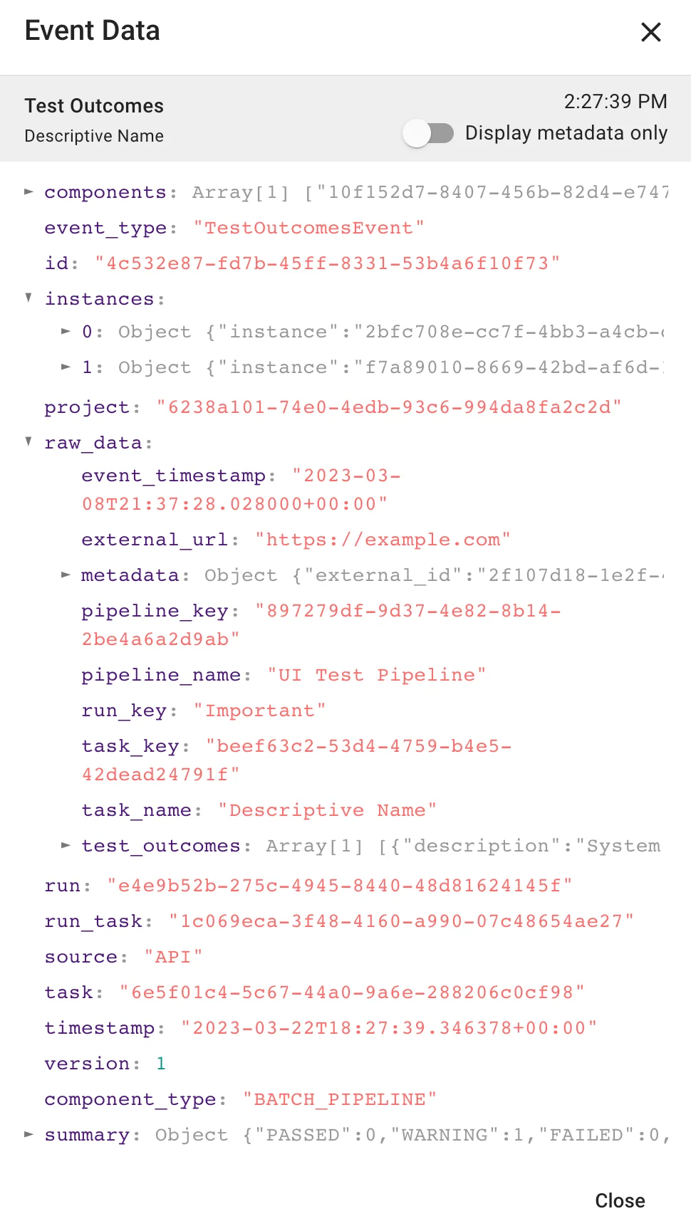 (Screenshot of the Event metadata dialog)